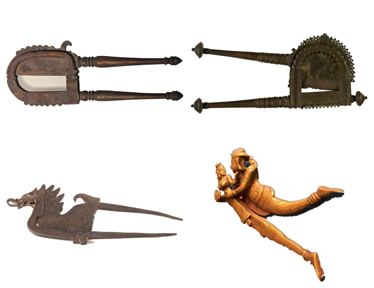 Four betel-nut cutters, known as sarota, arranged to show the range of their forms: plain steel blades with turned handles; a brass pair with a pierced arched plate; an iron cutter whose body is a crested bird; and a brass one with a pair of embracing lovers as its handle.