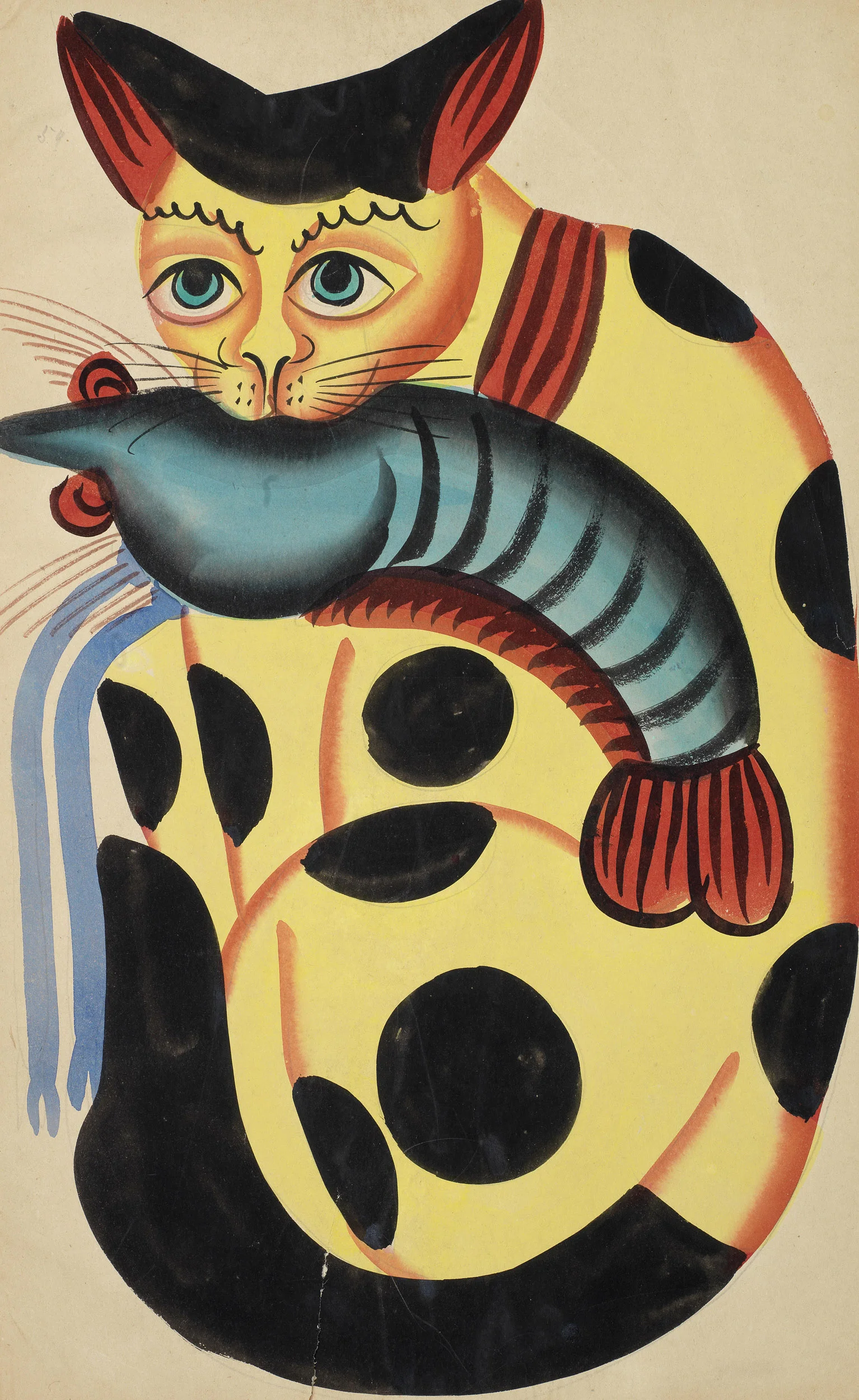 A nineteenth-century Kalighat painting of a cat holding a prawn in its mouth, in watercolour on mill-made paper: a bold black outline, a yellow body patched with black, and red-striped ears.