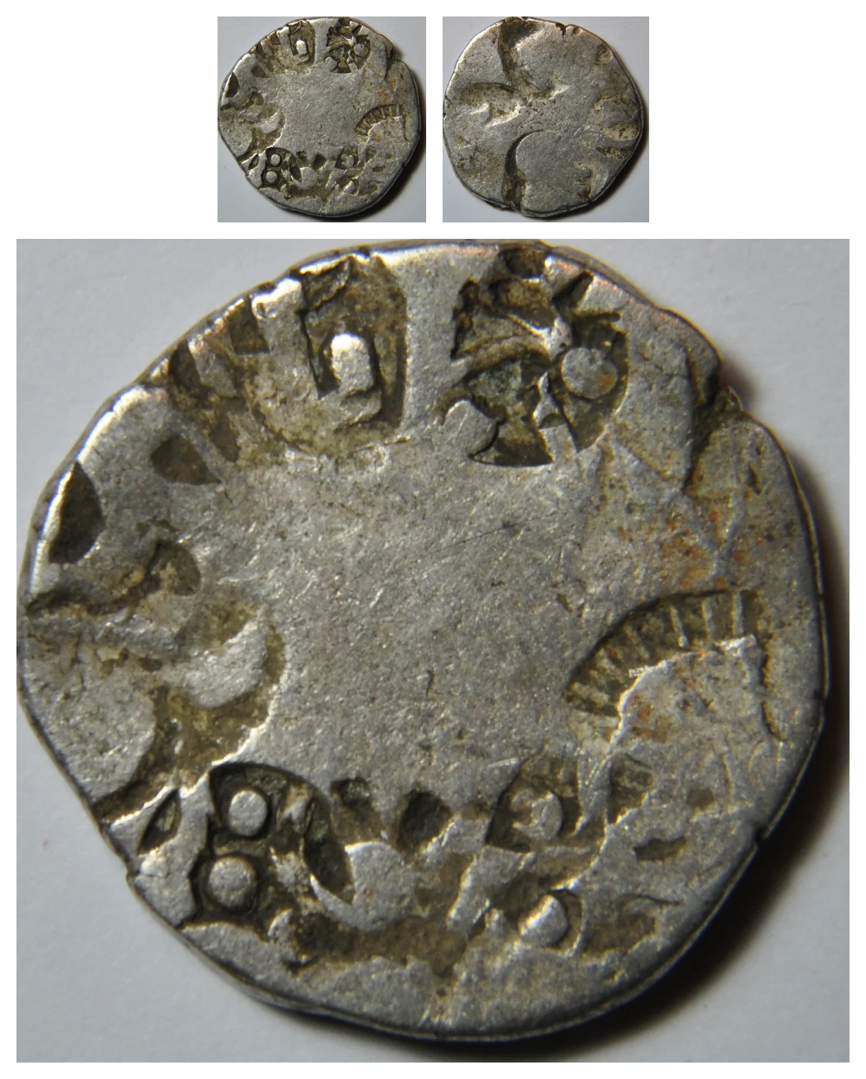 A Mauryan-period karshapana, obverse and reverse, actual size and at 4×. Obverse showing five distinct overlapping punches; reverse showing a scatter of shroff marks.