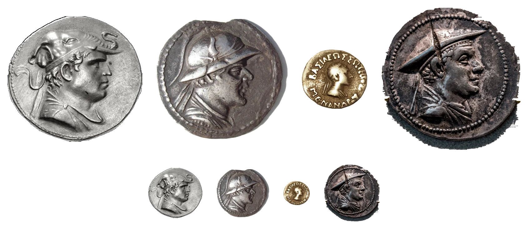 Portrait plate: Demetrius in an elephant-scalp headdress; Eucratides helmeted; Menander diademed; Antimachus in a kausia. Enlarged, with actual-size reference.